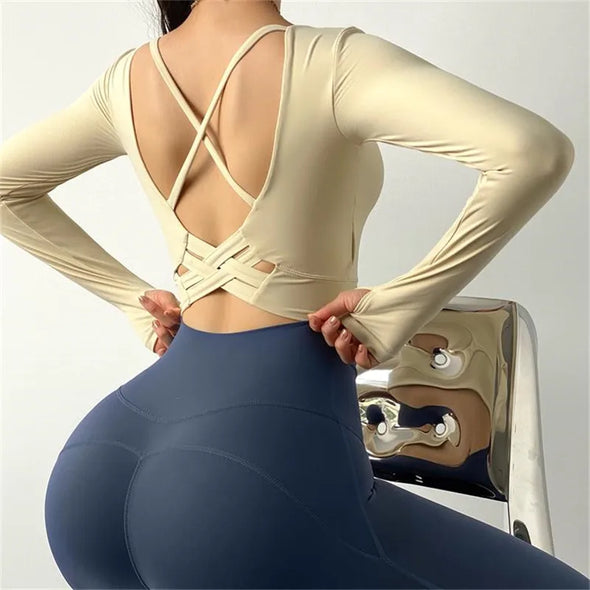 Inner Padded Sport T Shirt  Women Sexy Back Long Sleeve  Yoga Top Fitness  Running Workout  T-shirt High Elastic Gym Clothes