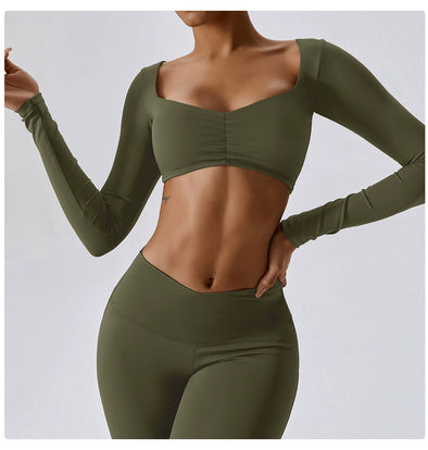 European and American Tight Long Sleeve Yoga Wear Underwear Fold Movement T-shirt Running Nude Feel Fitness Clothes Women's Top with Chest Pad