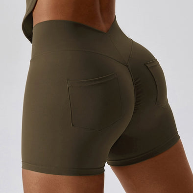 Summer Fashion Nude Feel Yoga Shorts V Waist Cargo Pocket Casual Tight Shorts Hip Lifting Workout Shorts