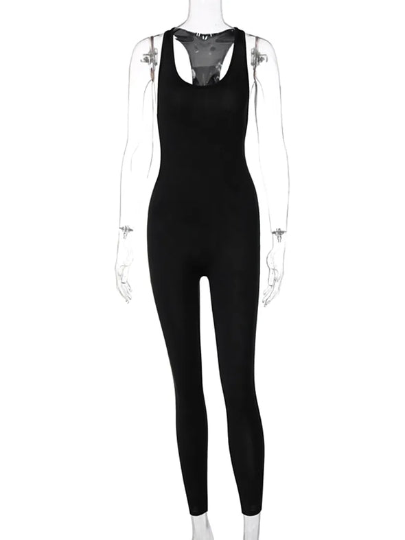 Hugcitar 2023 Sleeveless Hollow Out Solid Bodycon Jumpsuit Summer Women Fashion Streetwear Outfits Romper Sportswear