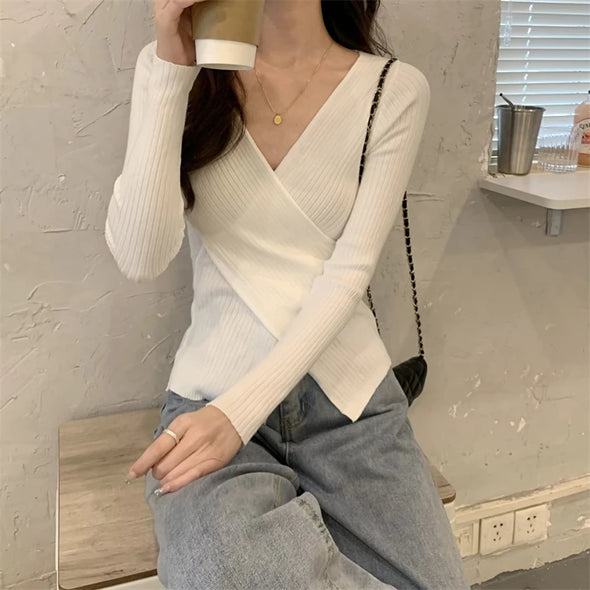 Autumn Winter Knitwear Tops Fashion Female Long Sleeve Skinny Elastic Casual V-neck Knitted Shirts Women Pullover Sweaters
